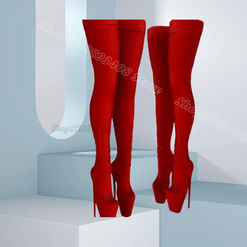 

Red Platform Elastic Boots Round Toe Thin High Heels British Style Spring Design for Women Over Knee Boots Zapatos Para Mujere