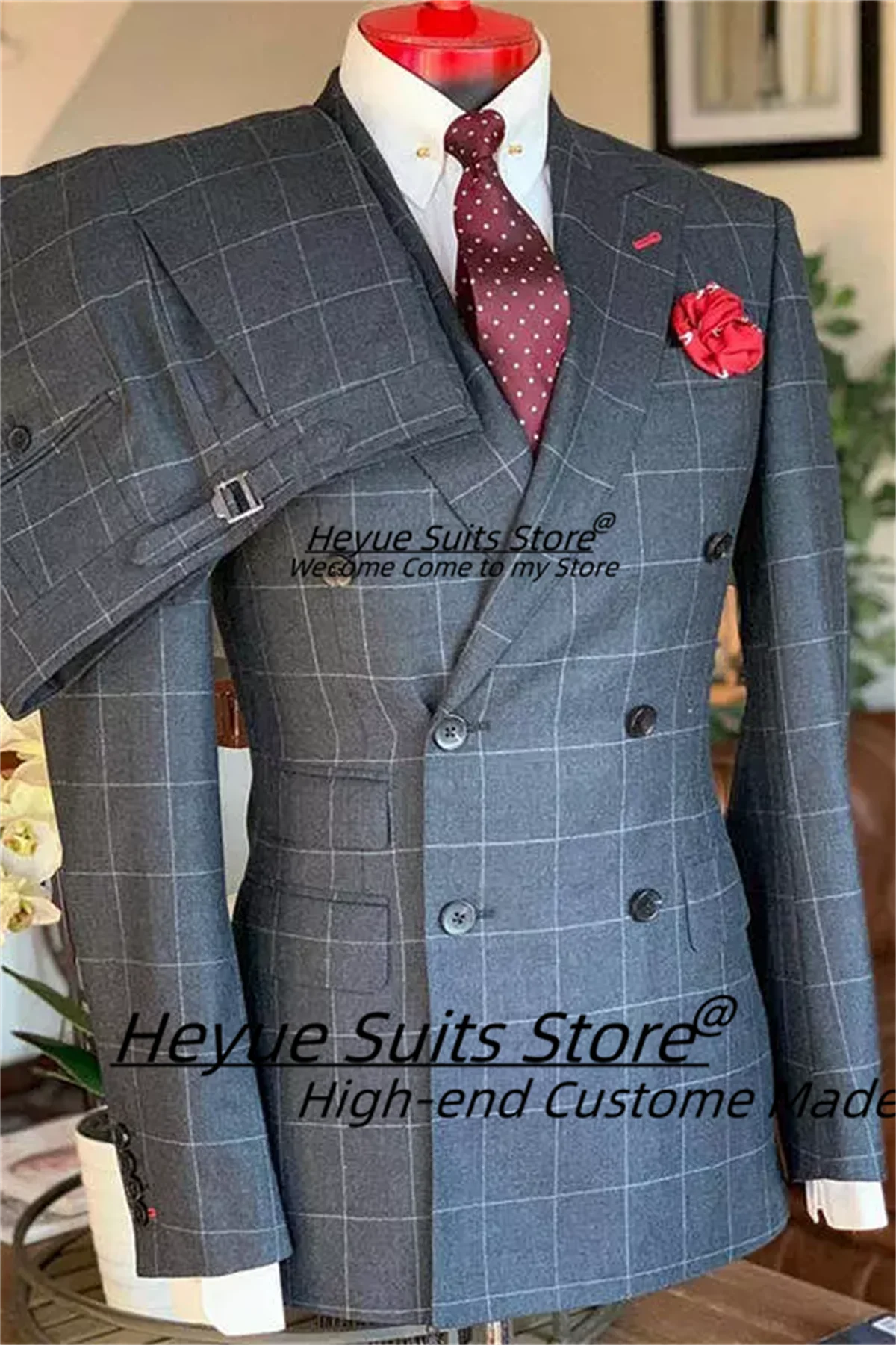Business Classic Plaid Men Suits Customized Slim Fit Double Breasted Groom Wedding Tuxedos 2 Pieces Sets Male Party Prom Blazers