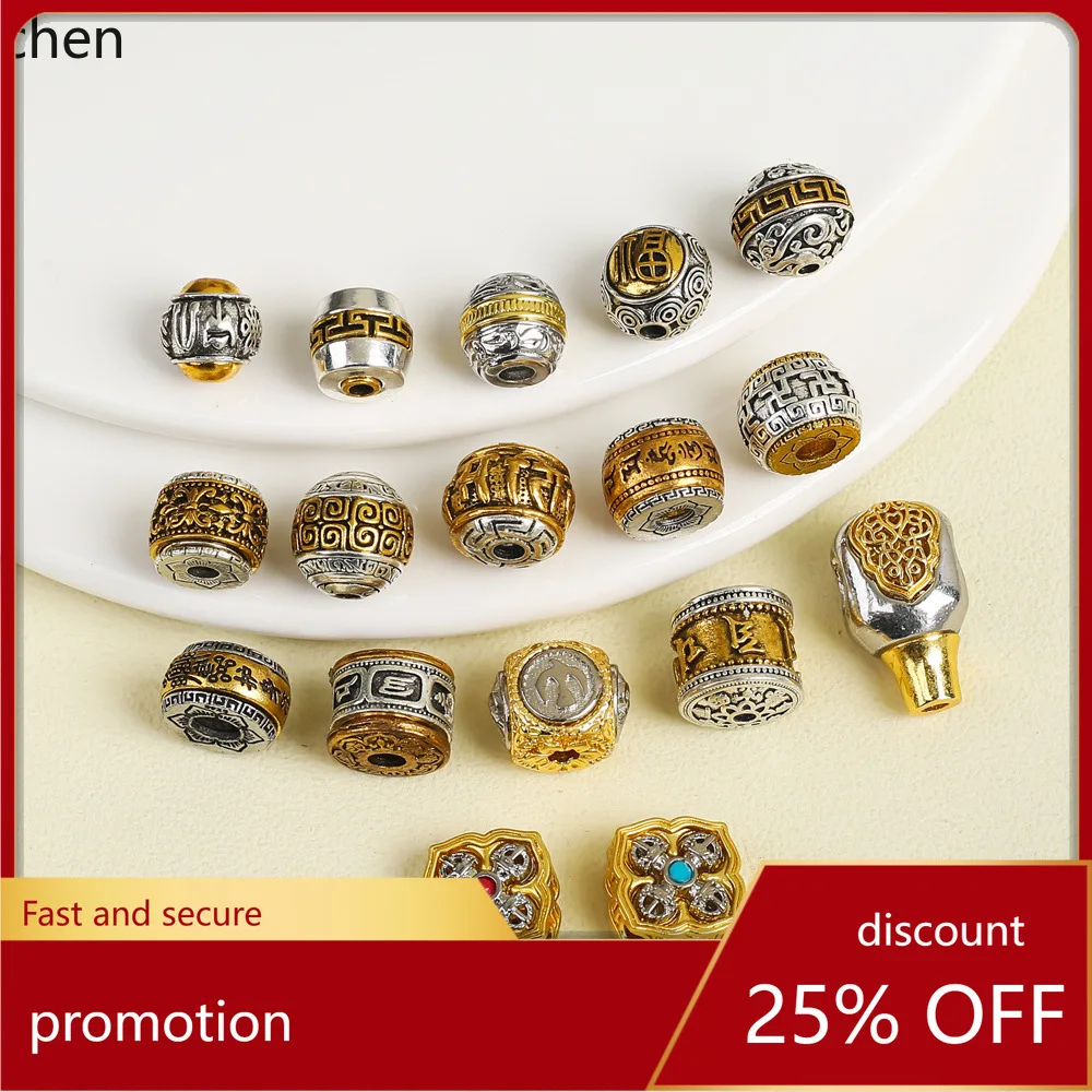 

YFY Two-tone Tibetan-style six-character mantra barrel bead, large-hole decorative accessory, Tibetan silver jewelry accessory