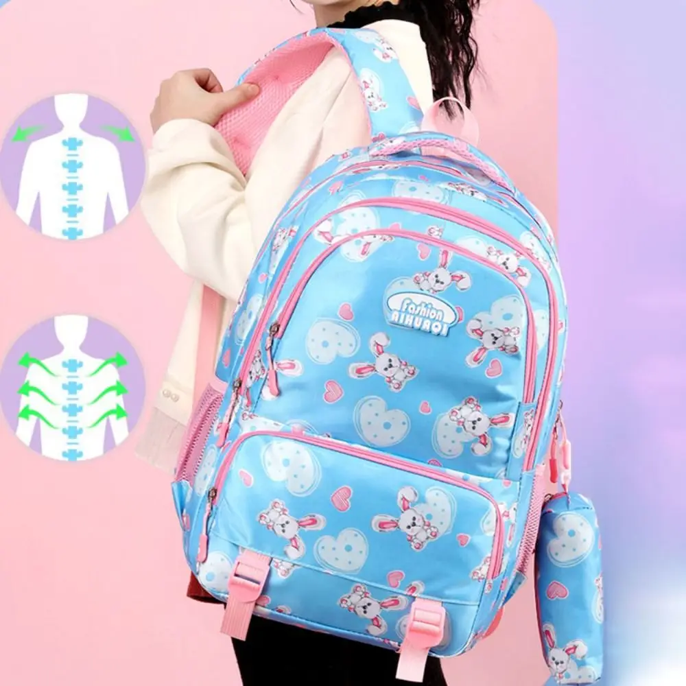 Rabbit Cartoon Shoulders Bag Oxford Cloth with Pencil Case Student Schoolbag Love Heart Adjustable Large Capacity Backpack