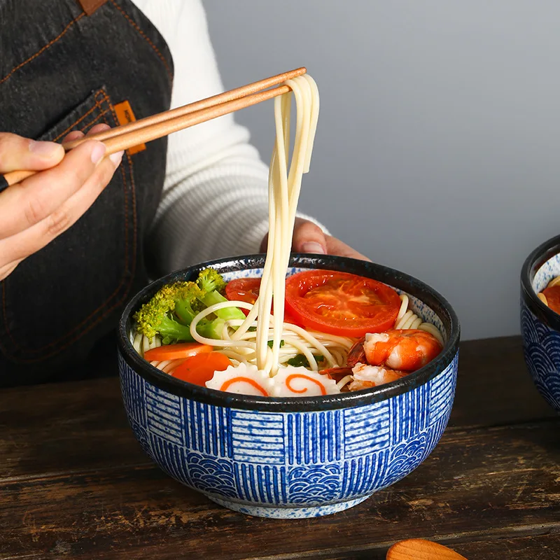 Japanese Blue Edo Wave Ripple Noodle Bowl Restaurant Ceramic Creative Hand Painted Commercial Soup Ramen Noodles Rice Bowl