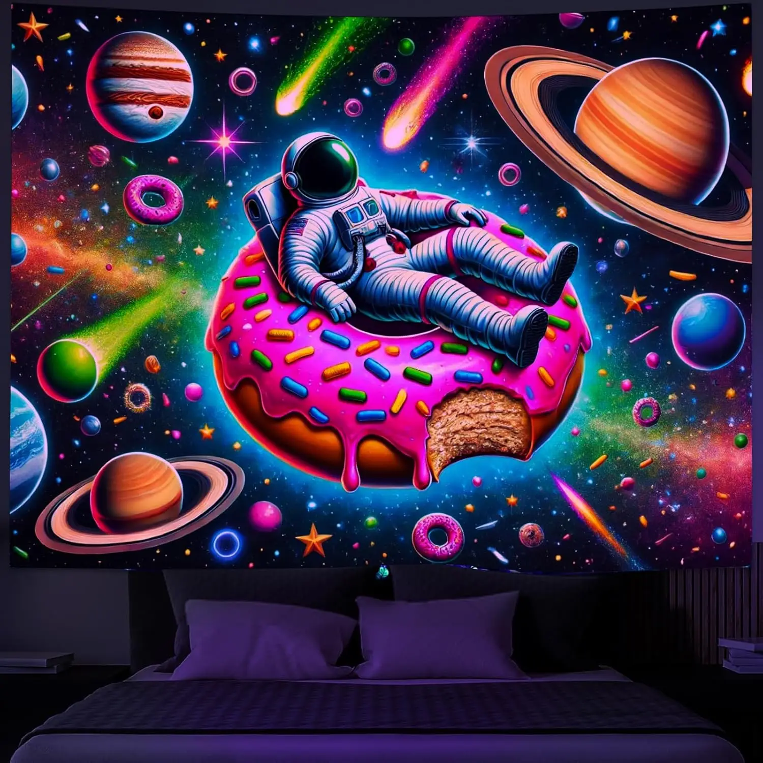 Neon Astronaut Donut Black Light Tapestry UV Reactive Space Art Wall Hanging Colorful Fun Space Wall Art for Living Room