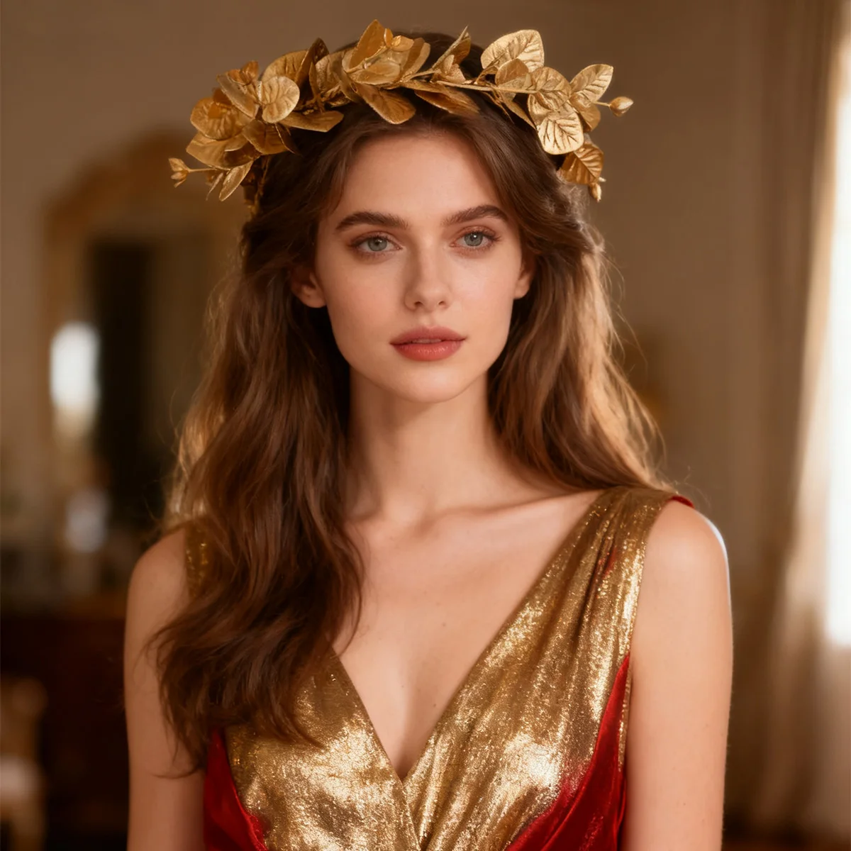 Handmade Golden Leaf Flower Crown with Long Vine Silk Ribbon for Ladies Christmas Party Costume Headwear