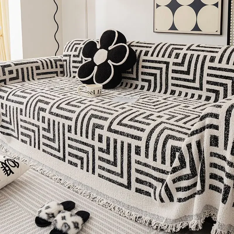 Chenille Reversible Thick Sofa Towel for Decoration Couch Cover with Fringes Throw Blanket Chair Slipcover for Pets Kids