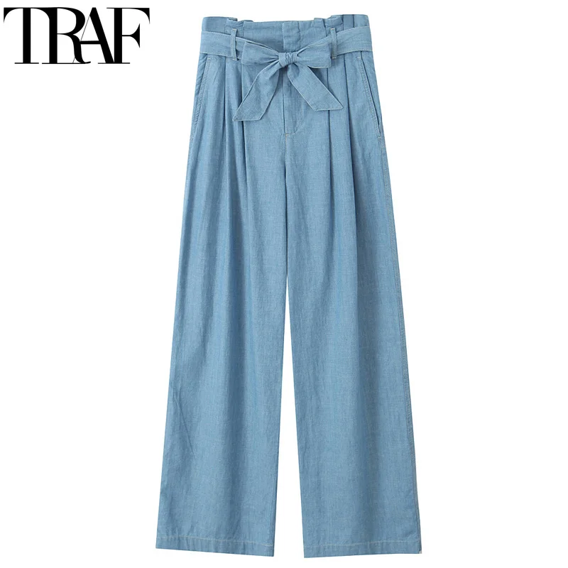 

TRAF 2024 Belt Wide Leg Pants Women High Waist Baggy Pants Woman Pleated Summer Fluid Trousers Casual Women's Wide Pants