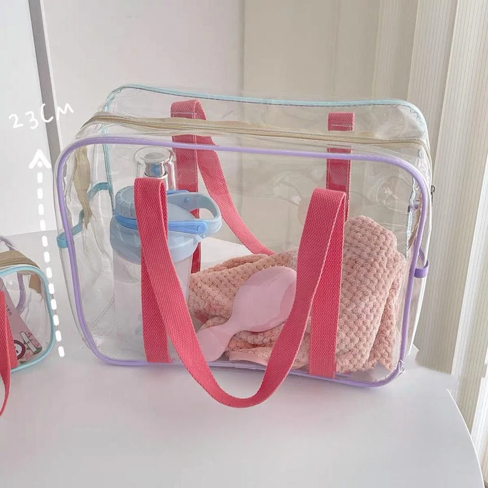 Large Capacity Cream Colored PVC Transparent Beach Bag with Shoulder Strap for Swimming and Toiletries