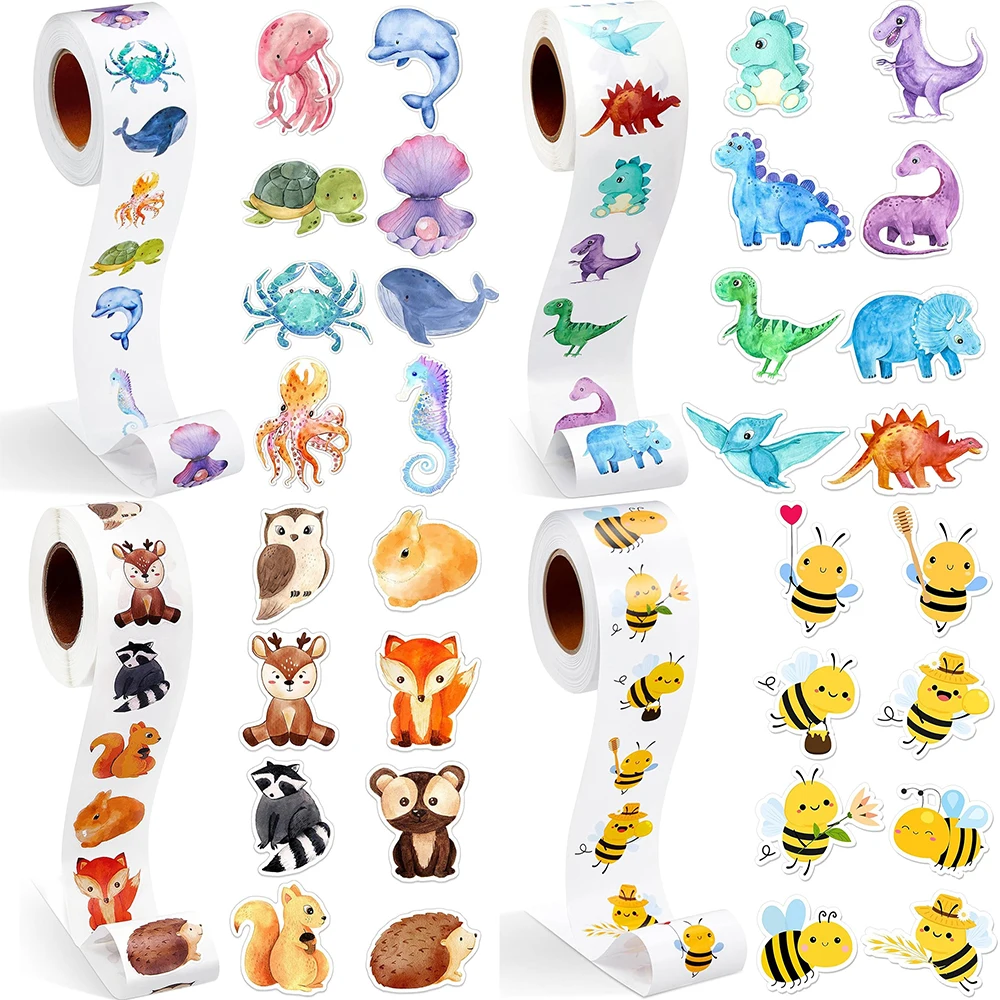 500 PCS ไดโนเสาร์ผึ้งสัตว์ทะเลสติกเกอร์ม้วนสําหรับเด็กรางวัลกระตุ้นสติกเกอร์ซีลป้ายเด็กการ์ตูน DIY Decals ของเล่น