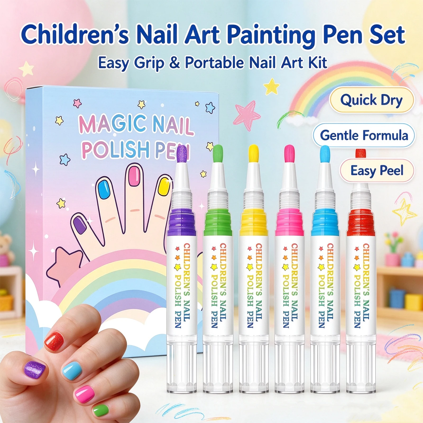 Children Nail Art Drawing Pen Waterproof Quick Dry Nail Polish Pen for DIY Nail Painting Line Drawing Manicure Decoration 6PCS