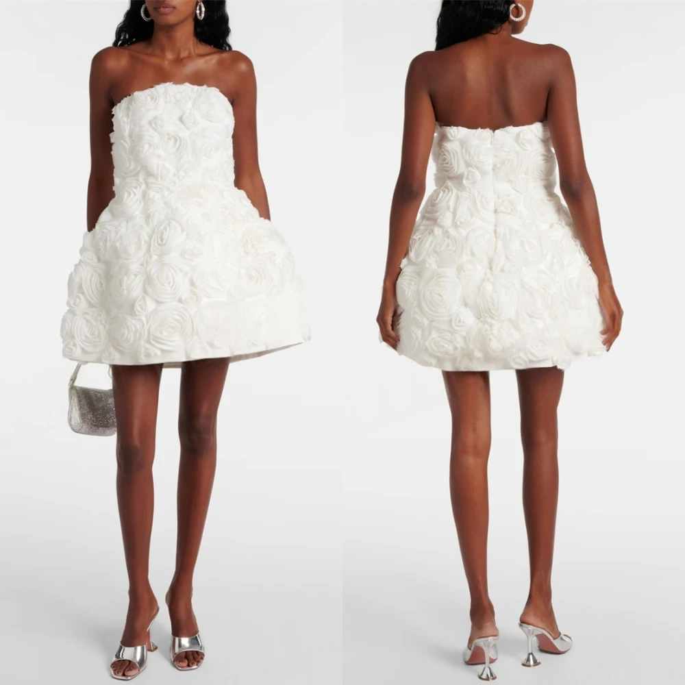 

Customized Graceful White Jersey Evening Dress Formal Strapless Sleeveless Party Dresses Classic Flowers Zipper Back Party Dress