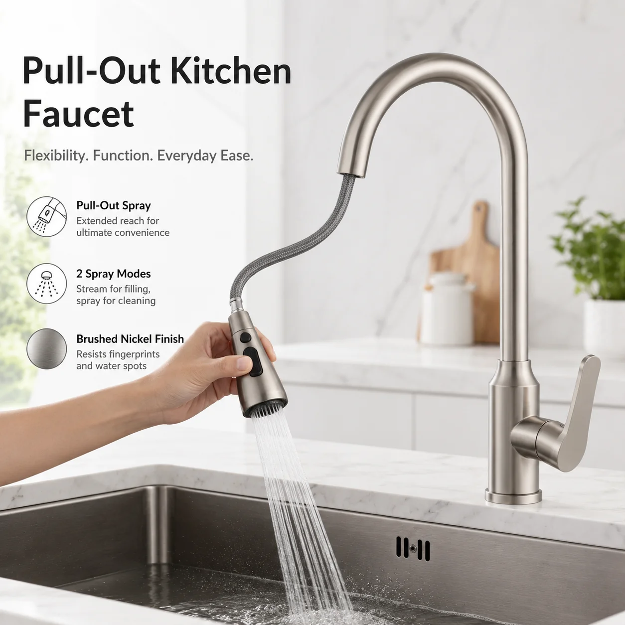 304 Stainless Steel Pull out Kitchen Faucet Deck Mounted Sink Water Tap with Mixer Stream Sprayer Head Hot Cold Taps for Kitchen