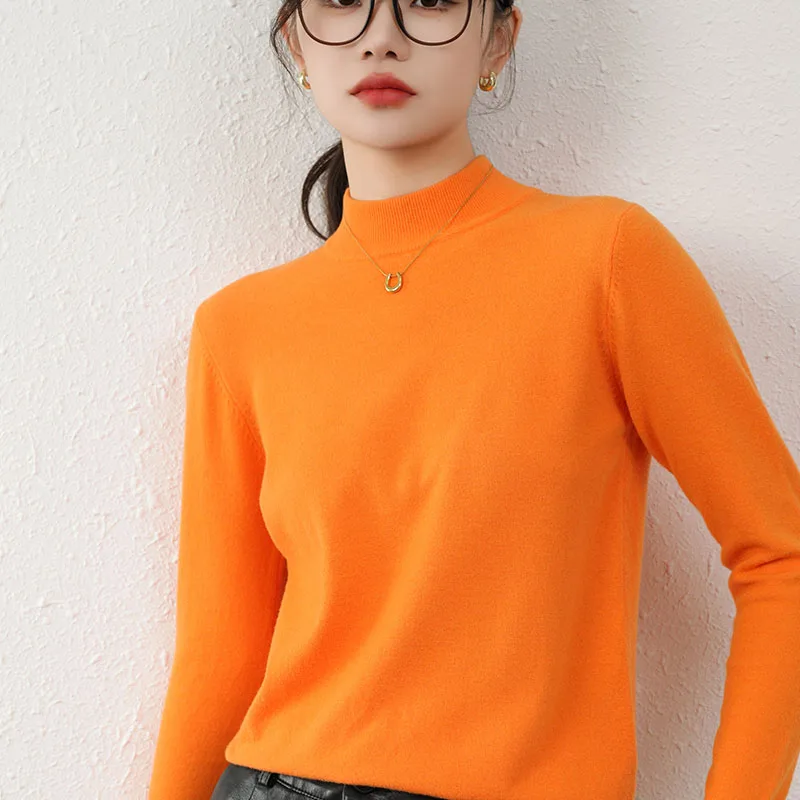 

Spring Autumn Women's Wool Blend Mock Neck Knitted Sweater, Solid Color, Long Sleeved, Close Fitting Comfortable Basic Pullover