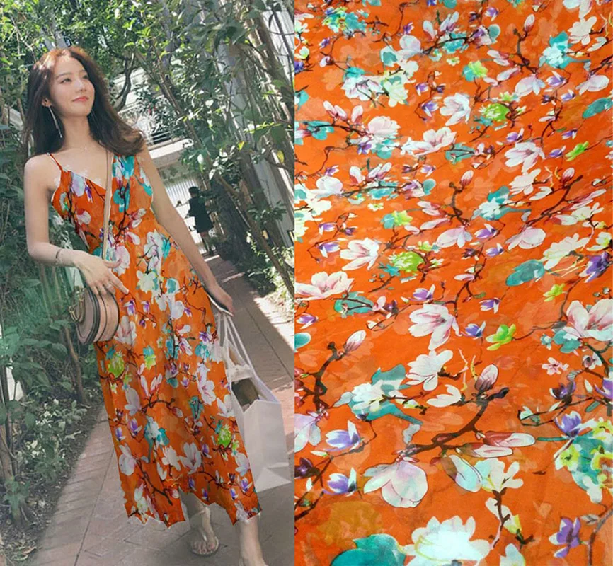 Tulle Telas 8 Momme Pure 100% ผ้าไหมหม่อนผ้าชีฟองดอกไม้พลัมดอกไม้พิมพ์ดิจิตอลสิ่งทอผู้หญิงชุดผ้าพันคอผ้า