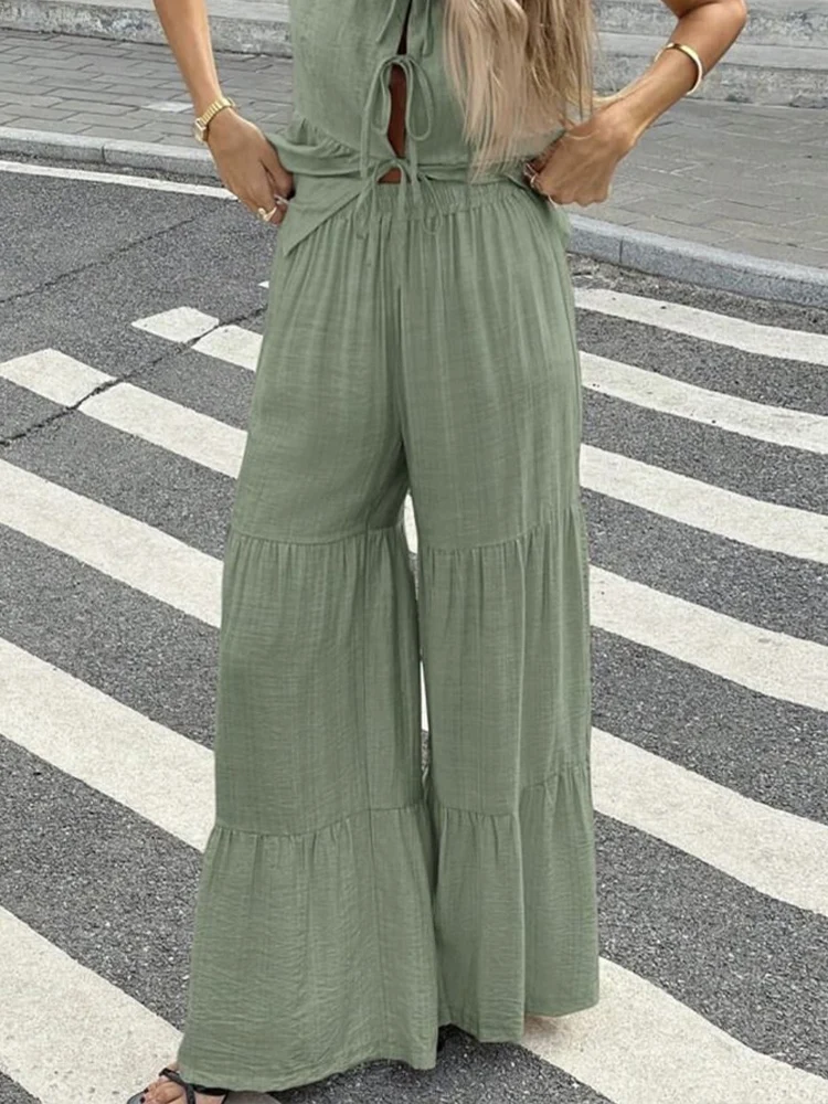 HH أنيقة المرأة الصلبة سترة السراويل مجموعات س الرقبة الدانتيل متابعة أكمام تانك القمم + فضفاض اللف متوهج بنطلون سيدة مكتب الدعاوى