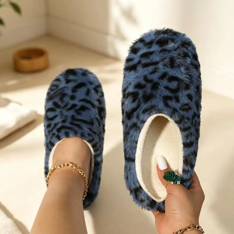 Modische Leoparden-Kunstfell-Hausschuhe für Damen Winter 2026 Weiche Flache Sohle Warme Plüsch-Hausschuhe Übergrößen Damen Flauschige Pantoletten – Detail 9