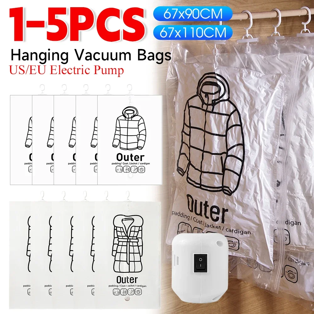 1-5PCS Hanging Vacuum Storage Bags Clothes Compression Seal Bag Reusable Empty Pump Bags Clothes Wardrobe Quilt Vacuum Pack