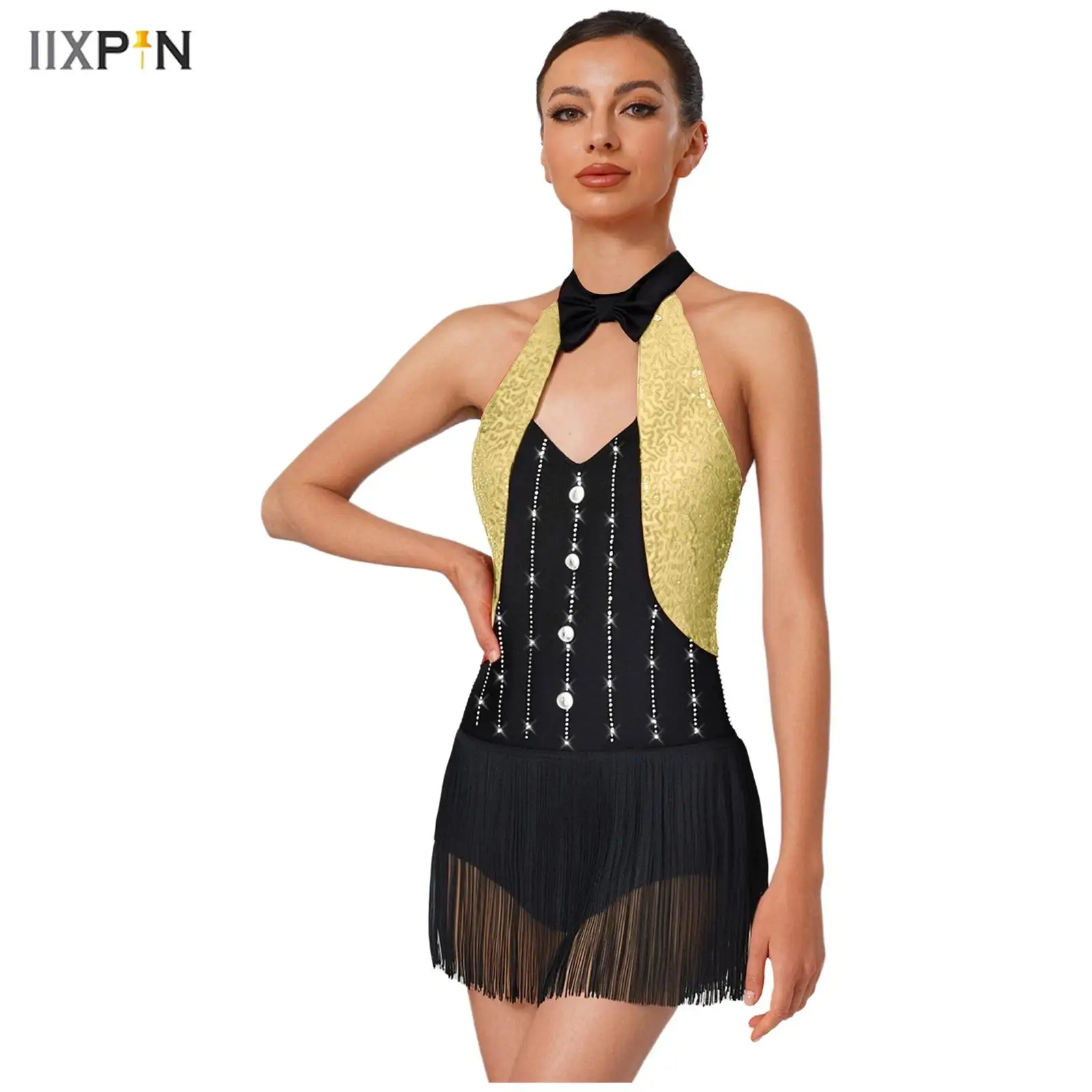 

Women Sequins Fringe Bodysuit Latin Jazz Dance Dress Sparkly Rhinestones Halter Bow Tie Backless Buttons Crotch Tassel Leotard