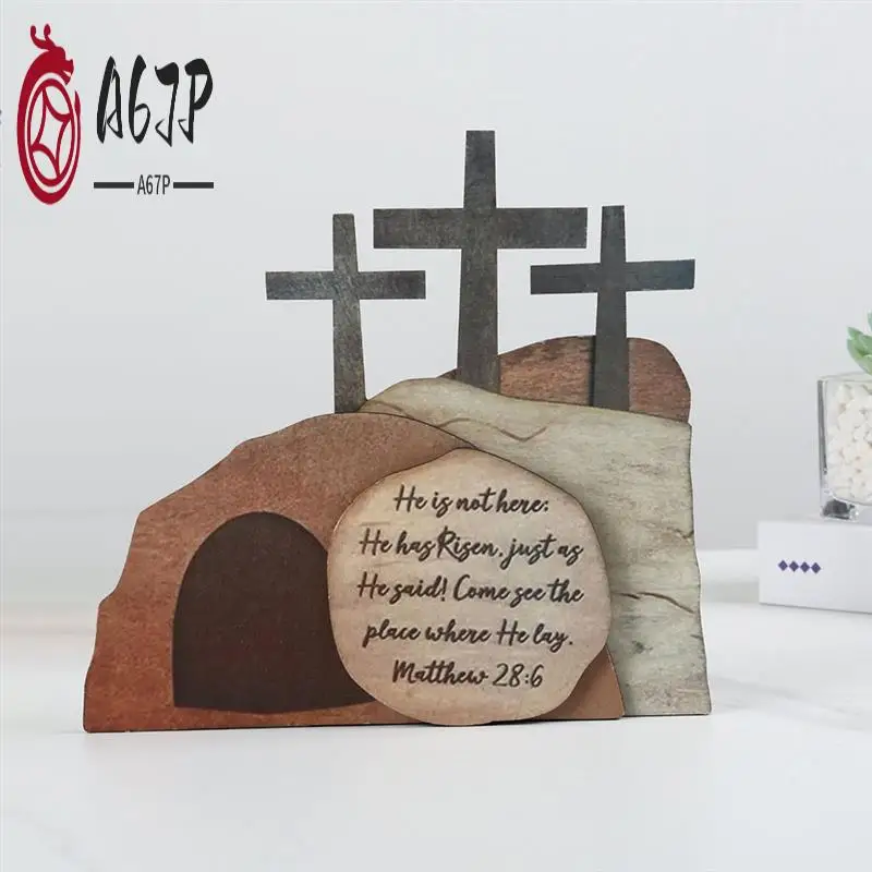 A67P-Easter Resurrection Scene Wooden Decor Easter Eid Al-Fitr Decor Wooden Cross Resurrection Scene Decor Nativity Set