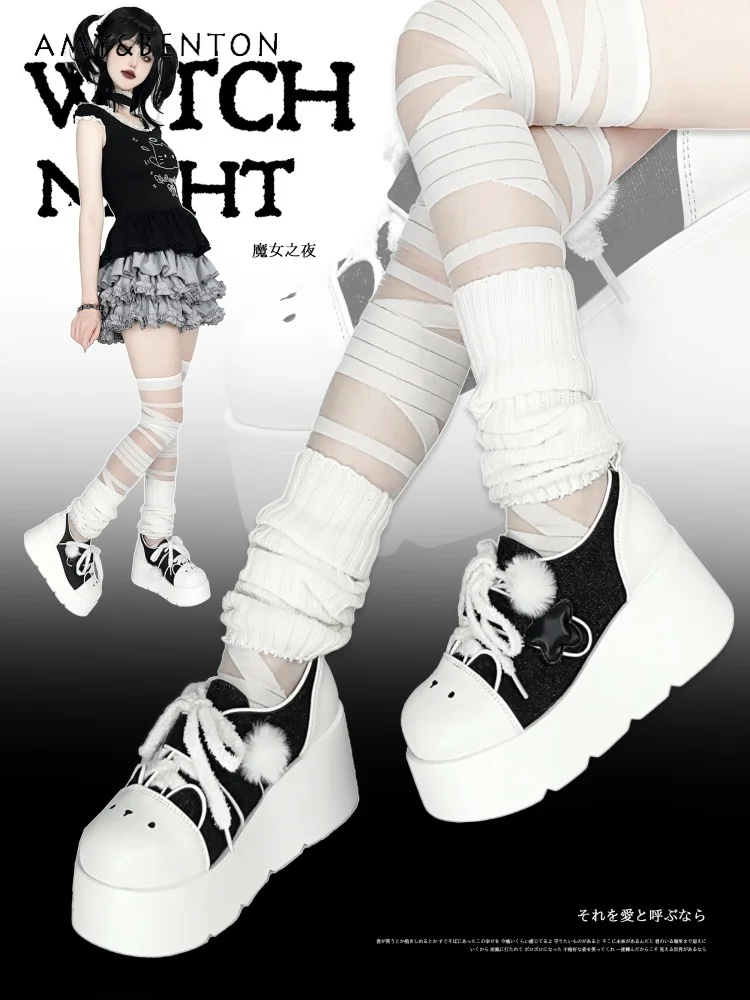 

2025 New Subculture Girl Versatile Lolita Shoes Height-Increasing Thick-Soled Black Pink Cute Round-Toe Lace-Up Canvas Shoes