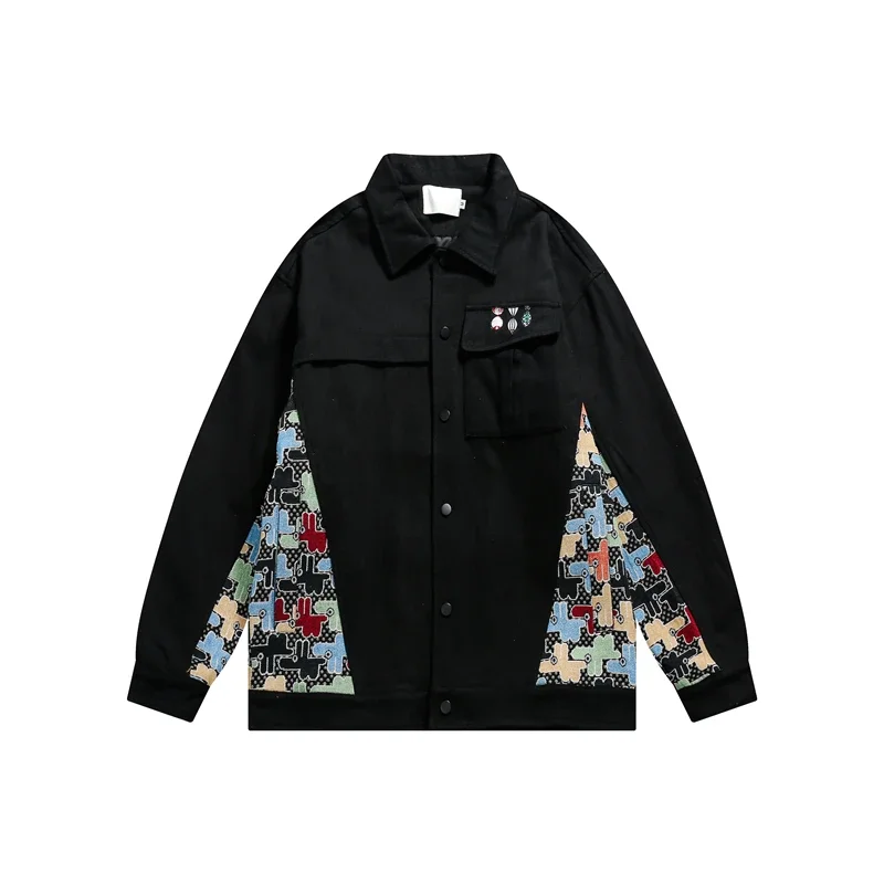 Trendy Retro Men's Jacket Streetwear Canvas Patchwork Cartoon Puzzle Casual Coat Trendy Couple Loose Work Jacket Spring Autumn