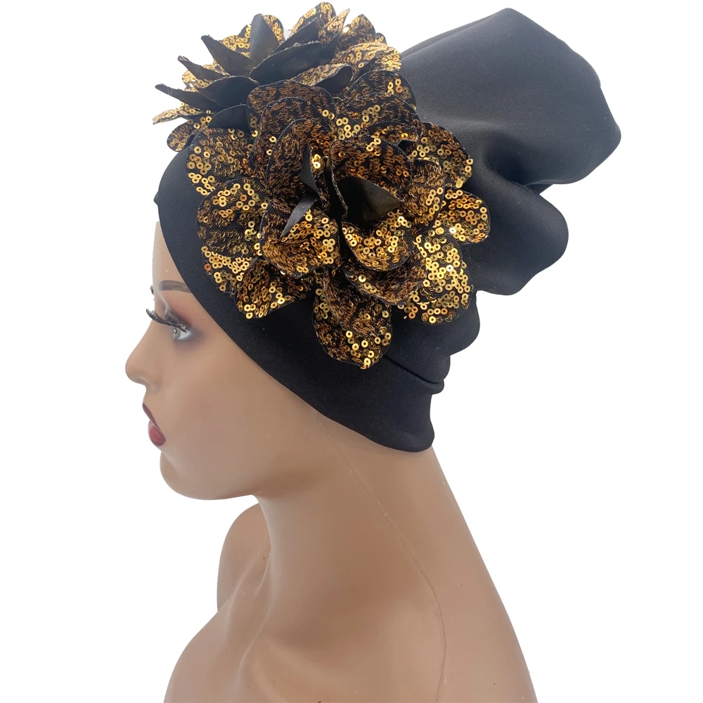 Glitter Sequins Flowers Turban Caps for Women Bandana Muslim Headwear Bonnet Hat Female Head Wraps African Indian Hat