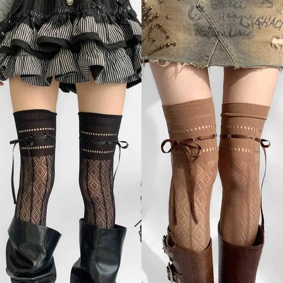 2Pairs 2026 New Women Silk Stockings Balletcore Lace Hollow Breathable Floral Thigh High Socks French Style Strappy Girl Socks