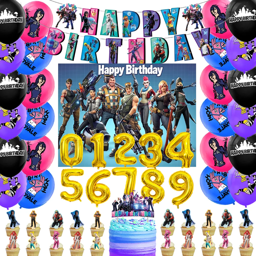 Fortnite Schießspiel-Thema Geburtstagsparty-Dekorationen Ballons Cupcake-Topper Hintergrund Babyparty Kinder-Gastgeschenke Zubehör Geschenk