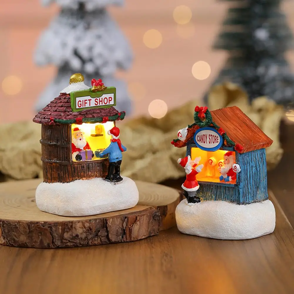 Reflective Christmas Decorations Houses Set with Santa Figurines Resin Winter Village Scene for Holiday Home Decor Mini Light-up