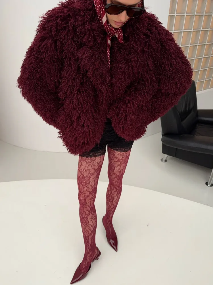 DFDG Abrigo de piel esponjosa burdeos de invierno para mujer, abrigo de manga larga de gran tamaño, ropa de abrigo cálida informal, abrigo de moda femenina de 2025