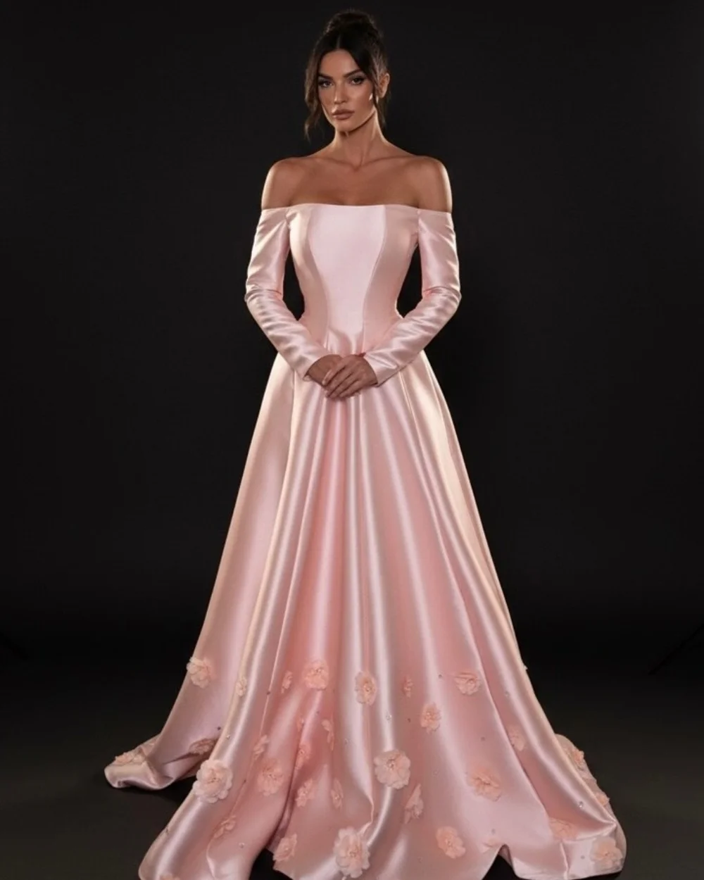 맞춤형 우아한 패션 샤무즈 수제 꽃 주름 A라인 오프숄더 롱 드레스 맞춤형 행사 드레스 클래식