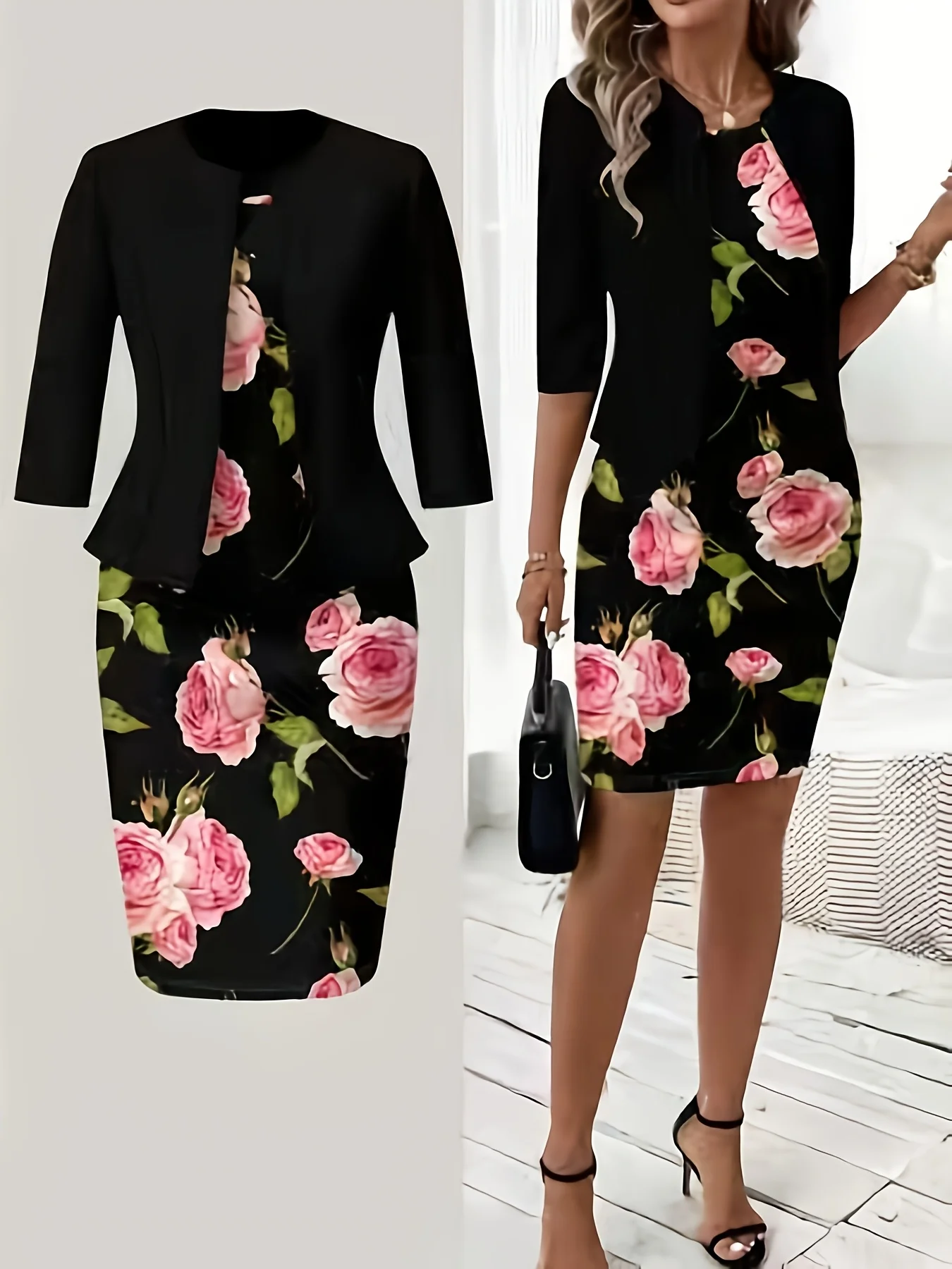 Printed design Casual Style Pink Roses On Black Background Round Neck Tank Dress Set