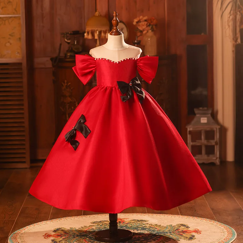 2024 Girl Red Evening Dress Black Bow Ballroom Clothing Ball Gown Teenager Birthday Party Dresses Elegant Boutique Noble Clothes