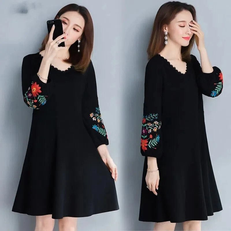 

Long Large Size 5XL Dress Women's Spring And Autumn Fashion Tibetan Embroidery Vestidos 2024 Fat Sister New Female Dresses