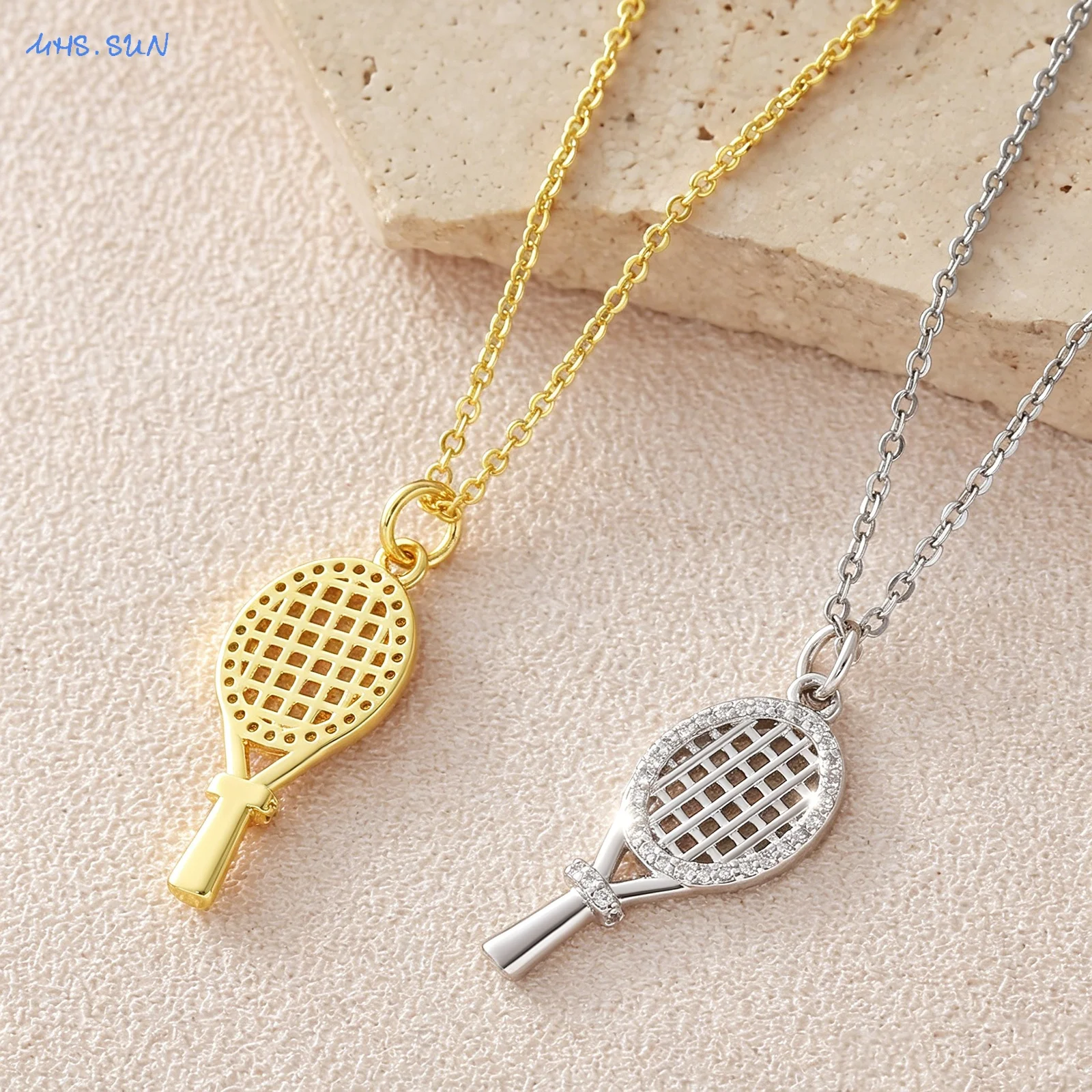 MHS.SUN Fashion Cubic Zircon Tennis Racket Pendant Necklaces for Women Men Personality Gold Color Chain Party Jewelry 1PC