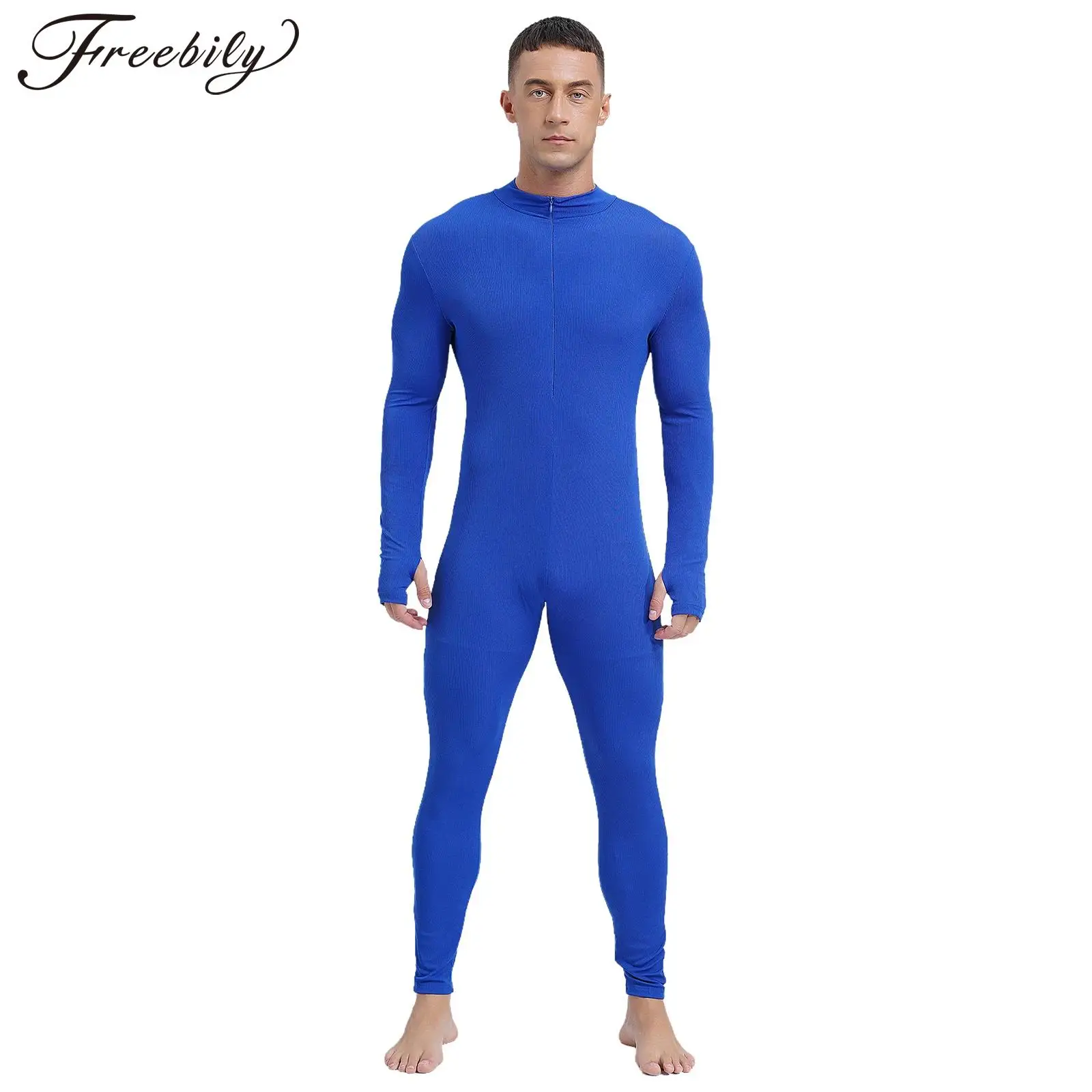 Tuta da ginnastica da uomo tinta unita Athletic Unitard pantaloni lunghi maschili pagliaccetti con cerniera anteriore per allenamento Yoga Gym body