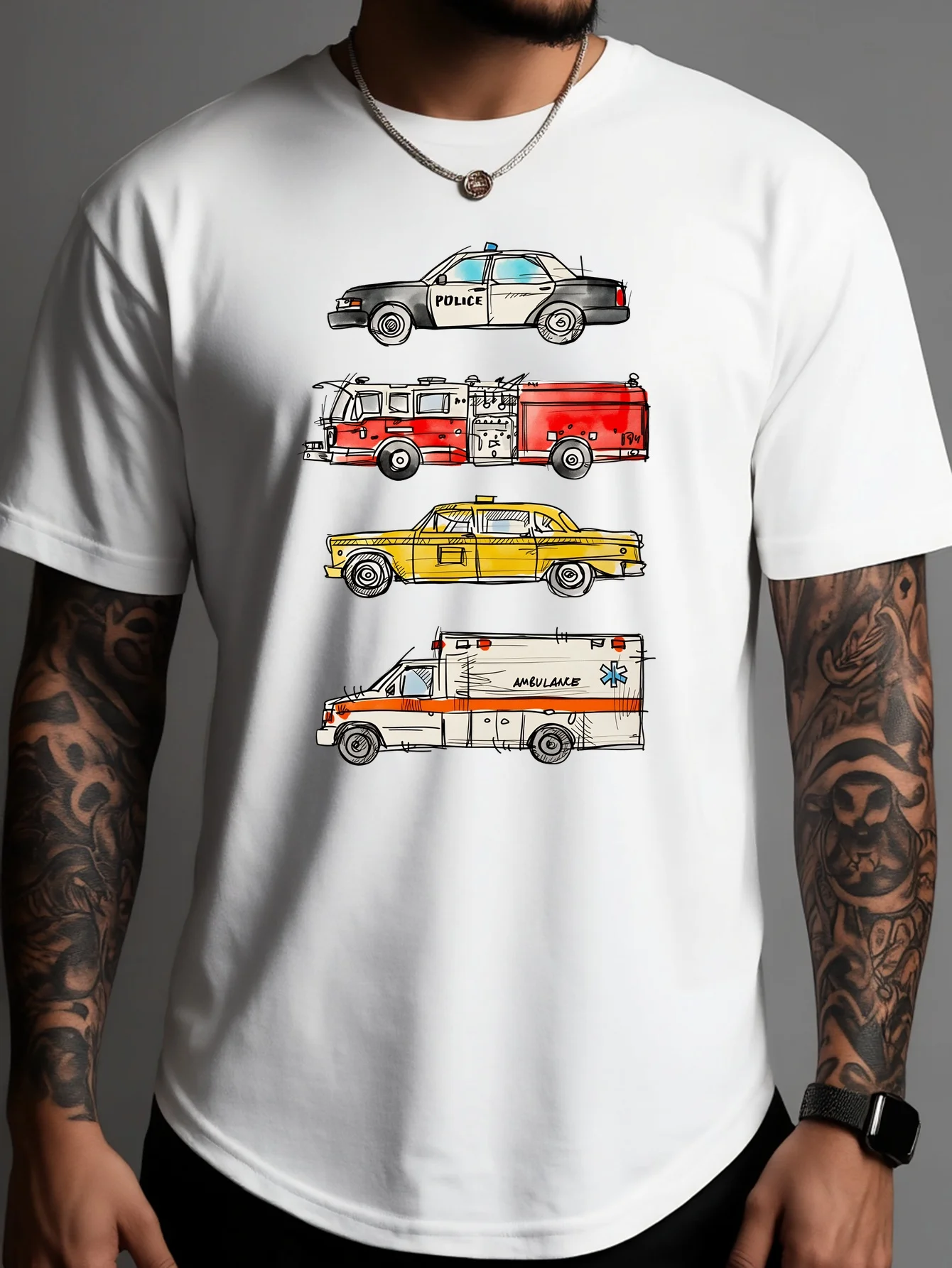 Men Cotton Tee Emergency Car Police Fire Ambulance Graphic Short Sleeve Crew Neck Casual Street T Shirt For Rescuers Summer Tops