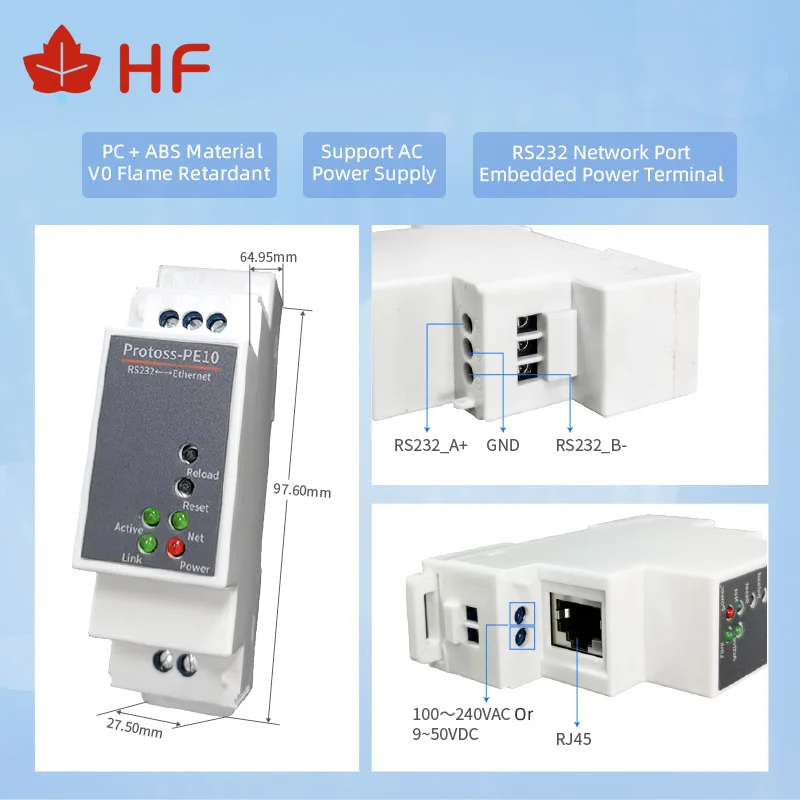 HF Protoss-PE10 na szynę DIN Modbus RS232 Port szeregowy na konwerter Ethernet Dwukierunkowy przezroczysty kolektor danych transmisji