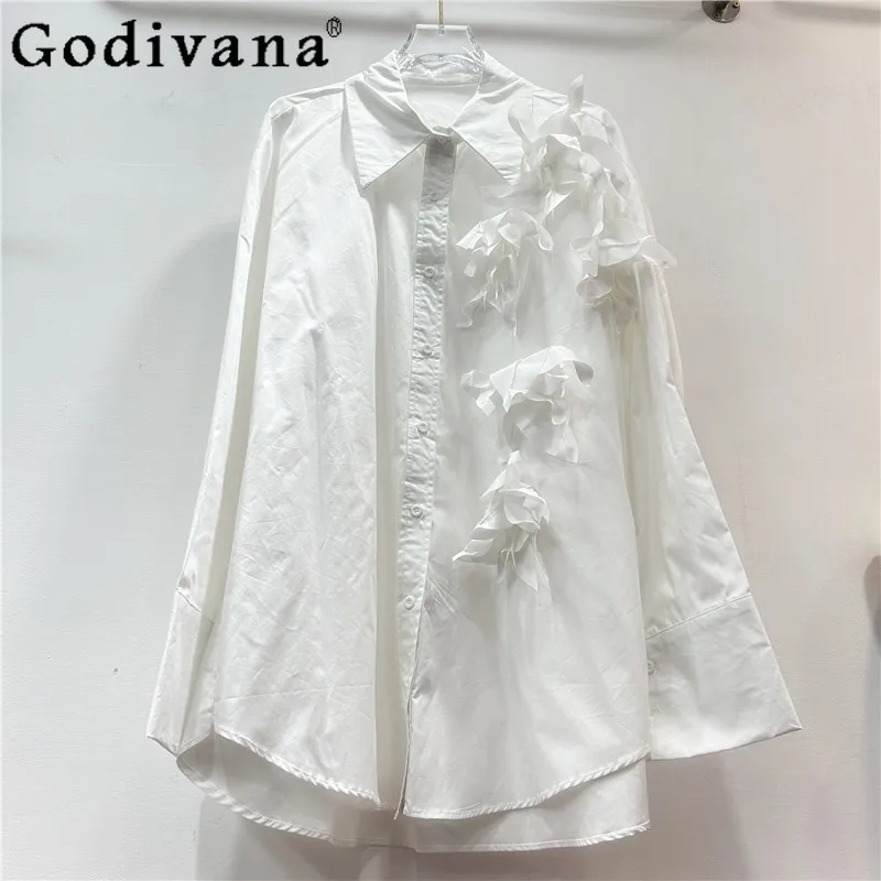 

Fashion Heavy Industry Three-dimensional Flower Temperament Shirt Spring Summer New Loose Long Sleeve Versatile Solid Color Top