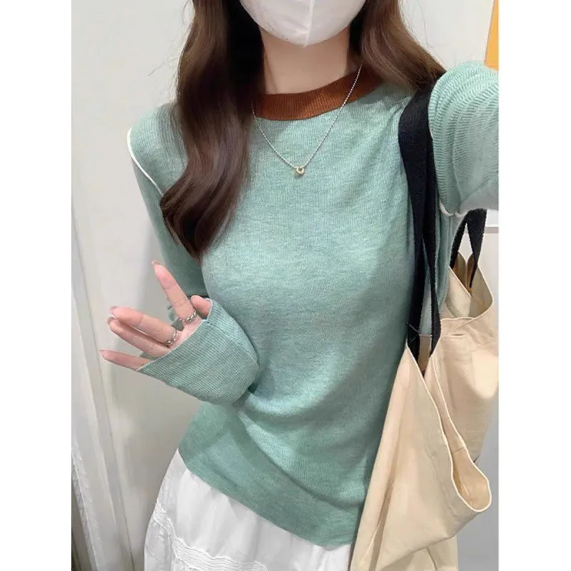 Color blocked Round Collar Long Sleeve Knitted Shirt Women's New High end Soft Sticky Sweater Inner Fit Bottom Shirt