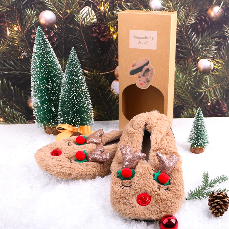 Christmas Reindeer Plush Slippers Cute Rudolph Design Fuzzy Warm Indoor Shoes Gift Box Festive Holiday Home Footwear Xmas Gift