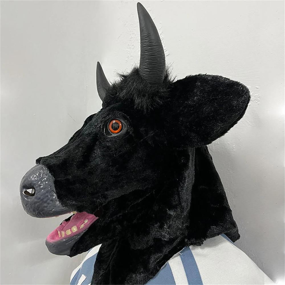 Halloween Realistic Movable Jaw Black Cow Mask Carnival Fancy Dress Party Stuffed Animal Head Cover Animal Costume Props