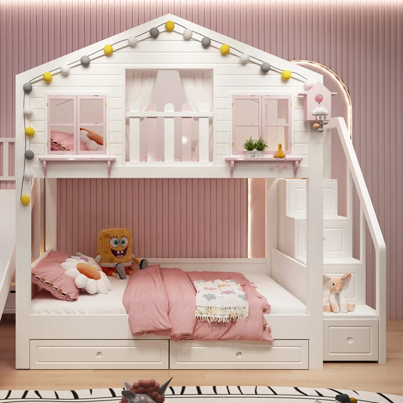 Children's bed, girl's princess bed, dream castle tree house bed, same width, double layer up and down bed, bedroom, slide