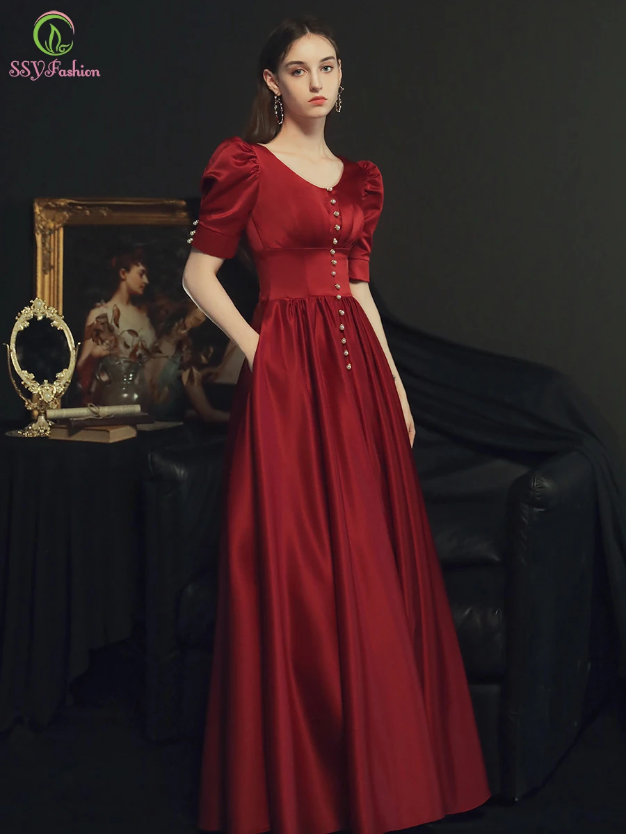 Vestido De Noche De satén rojo vino Vintage, elegante, manga corta, sencillo, largo, para fiesta De graduación