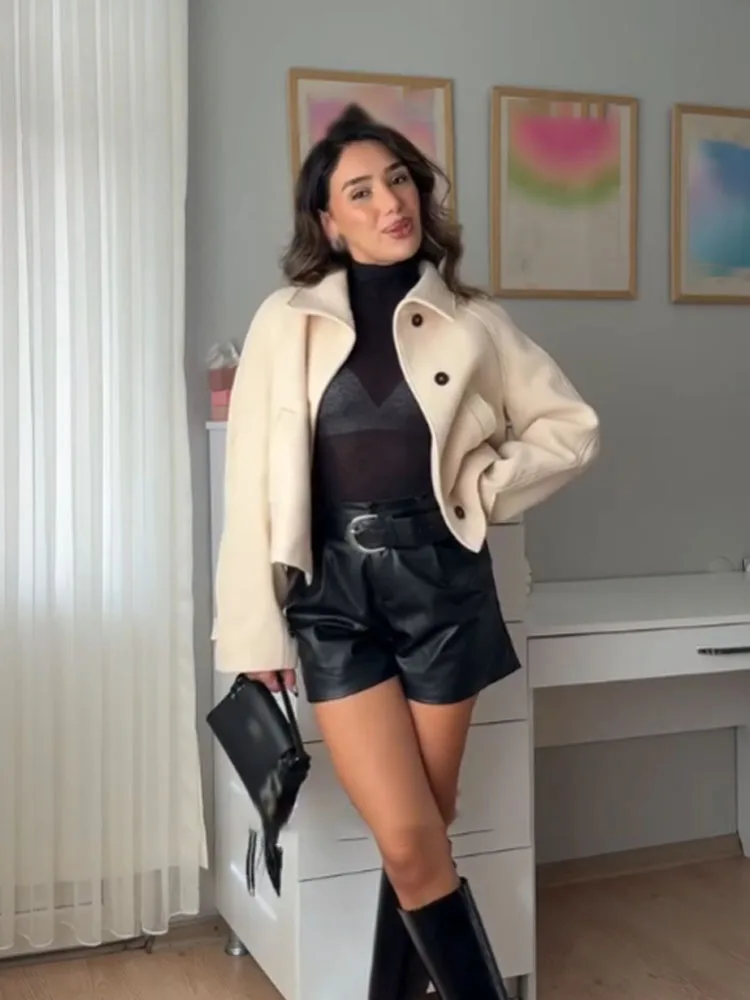 

HH женская мода 2025 года, универсальная короткая шерстяная ветровка с лацканами, женская элегантная однобортная повседневная куртка с карманами, украшенная Mujer