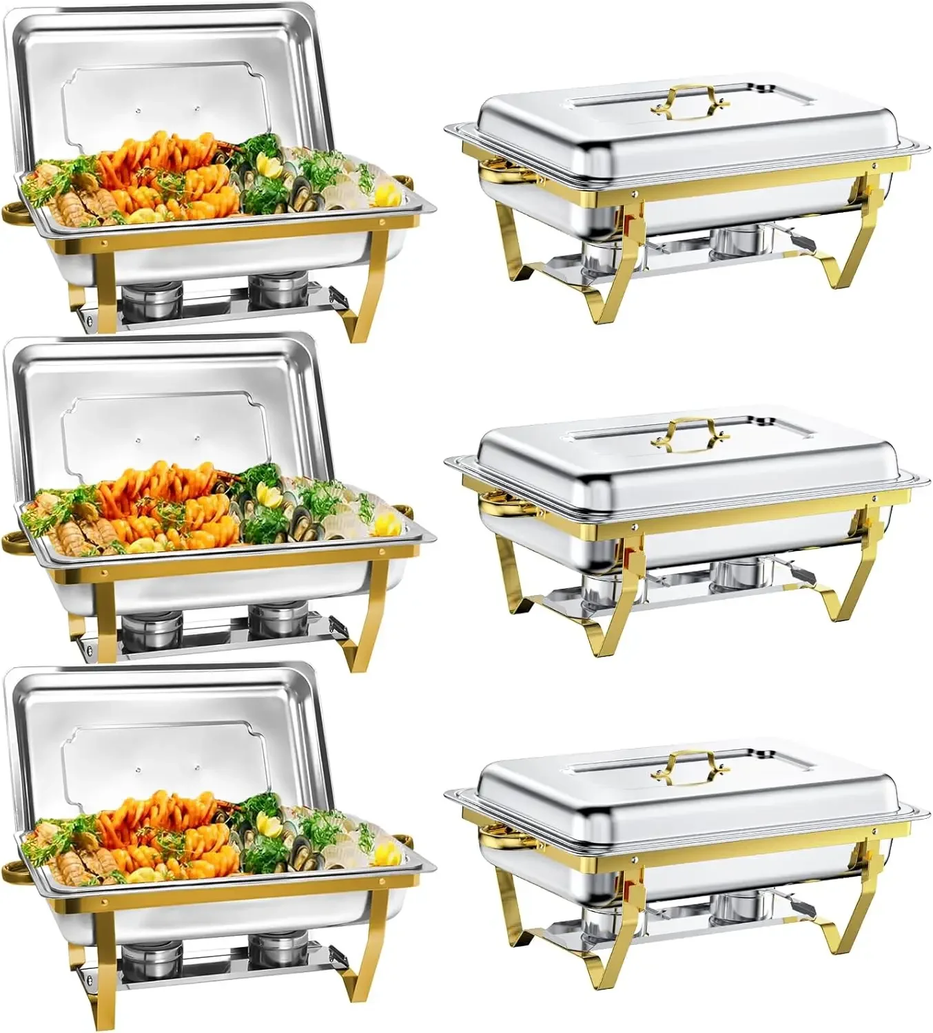 Chafing Dish Buffet Set 6 Pack 8 QT, Stainless Steel Gold Rectangular Buffet Servers and Warmers,Chafers for Catering, Food