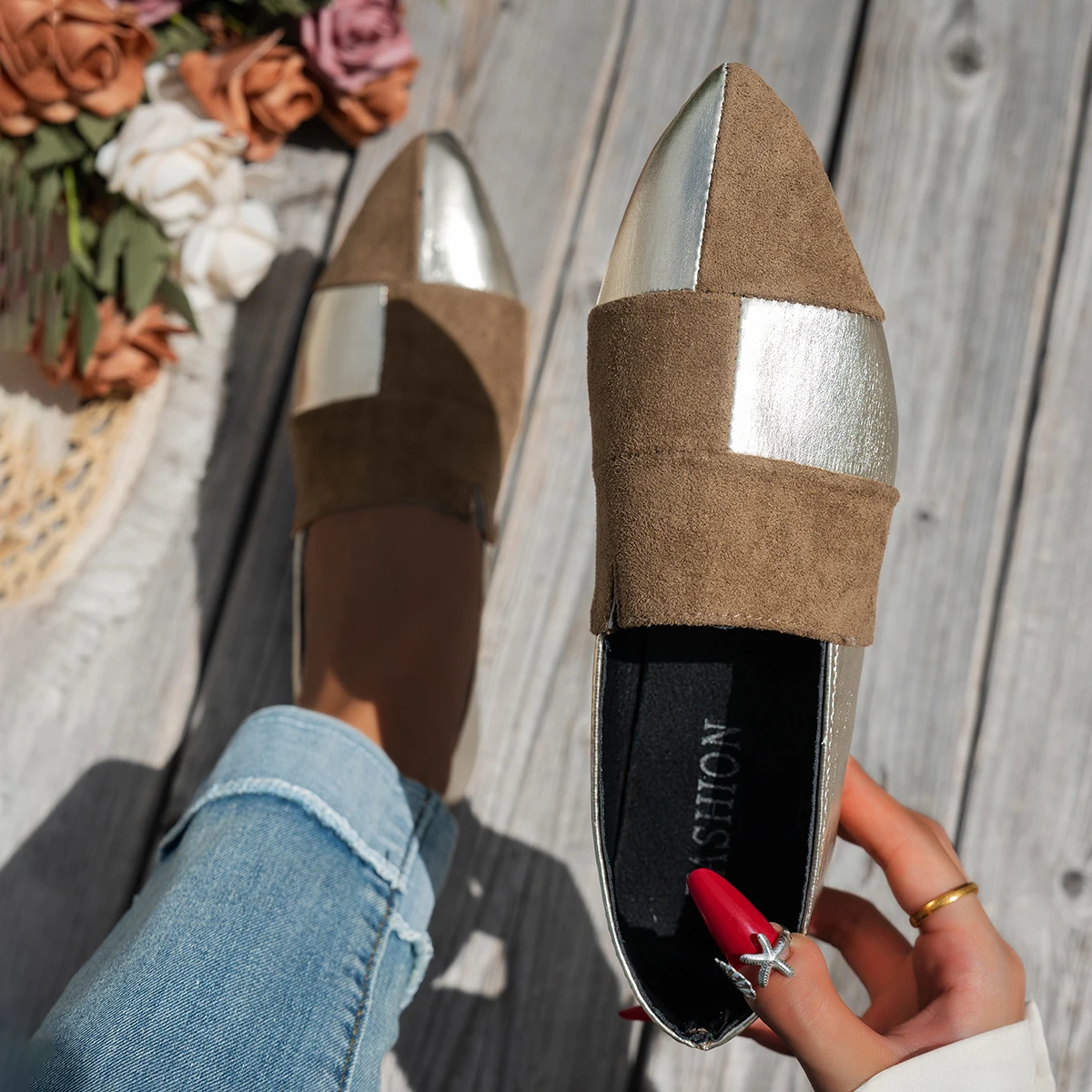 レディースカラーブロックポインテッドトゥローファー：スリッポンカジュアルシューズ、スタイリッシュ通勤通学靴