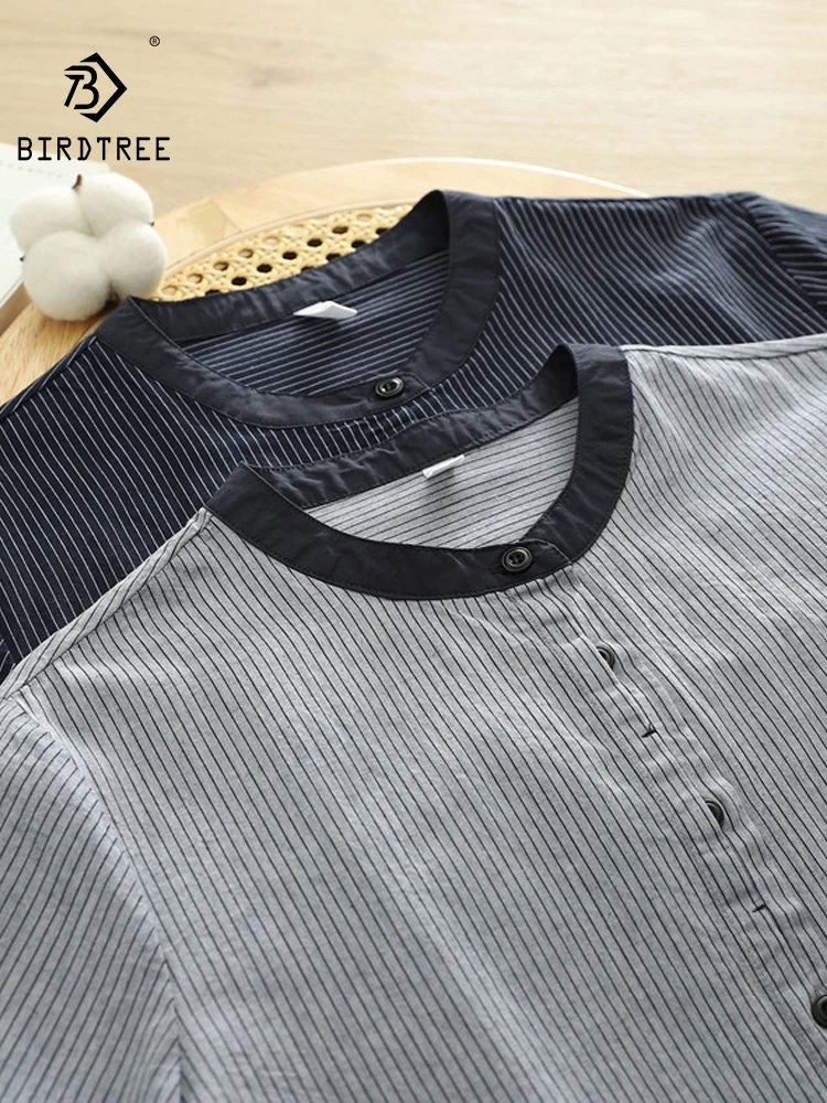 

New 2026 Spring Women Cotton Yarn Long Sleeve Shirt, Stand Striped, Mori Girl Preppy Style Comfortable Loose Blouse T61024CC