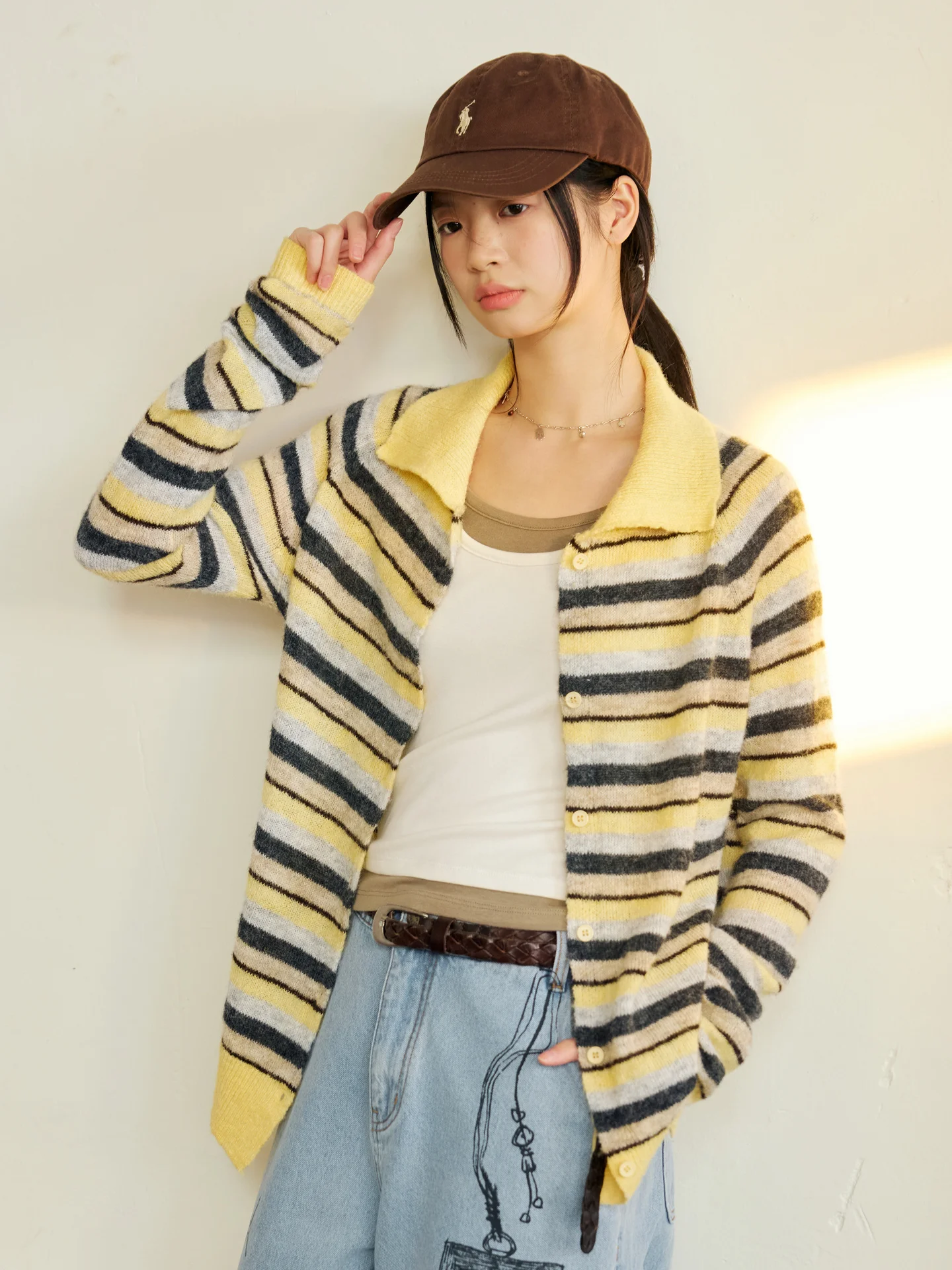 

Вязаный свитер Octopusme в стиле ретро с воротником, полосатый кардиган с цветными блоками, женский, стандартный крой, из полиэфирного волокна, с длинными рукавами