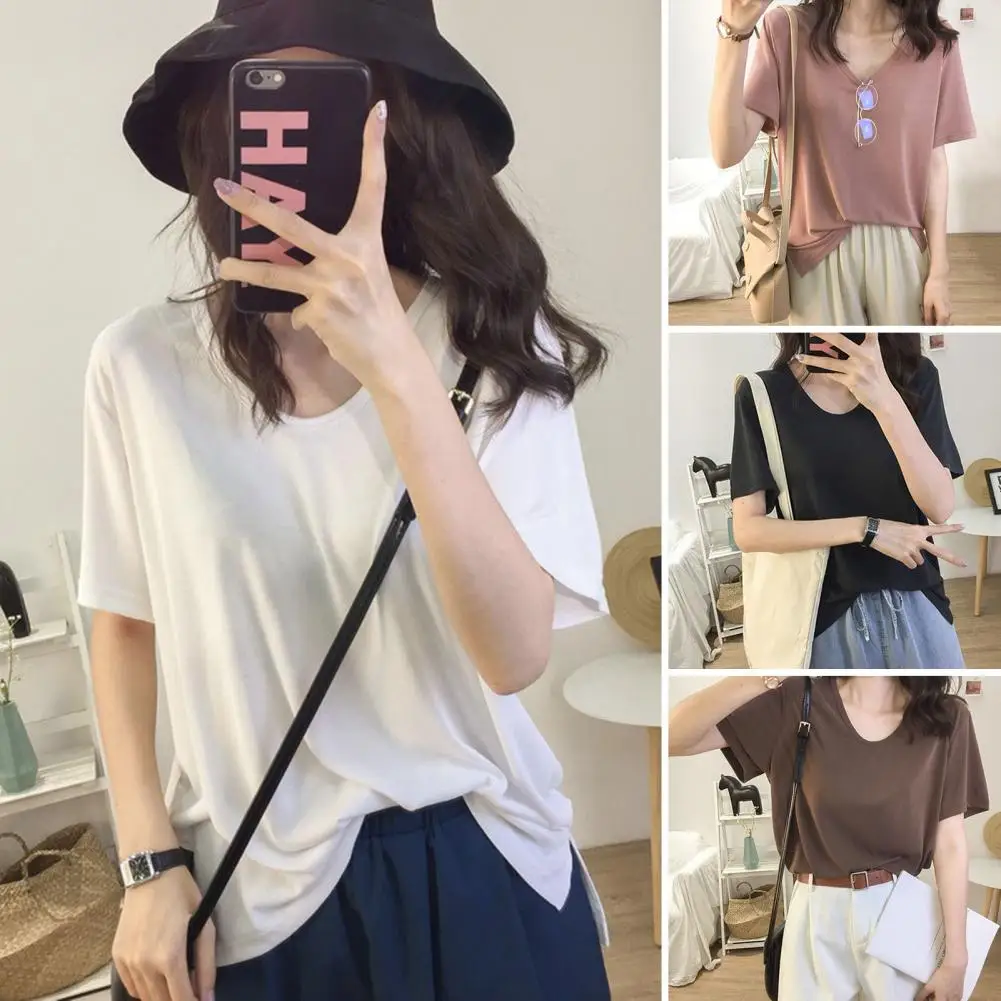 Casual Top Stylish Women's V-neck T-shirt Collection Summer Short Sleeve Loose Fit Tops in Solid Colors with Side Slit for Daily