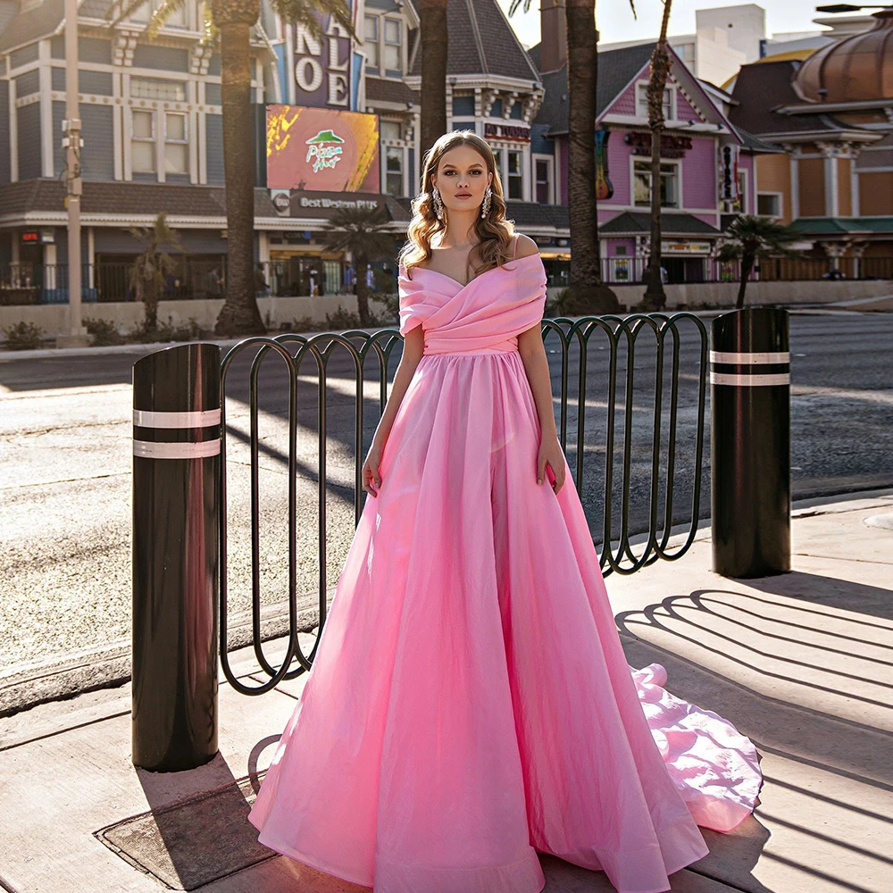 

Simple Pink Prom Dresses Off Shoulder Short Sleeves Party Gowns A-Line Evening Dress Floor Length Front Slit 2023 فساتين السهرة