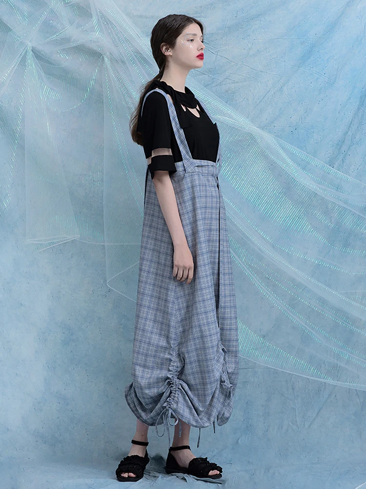 

Original Design ODD PSYCHE High Waist Plaid Blue Gingham Strap Dr Dstring Casual Versatile Women's Dr A-Line Skirt
